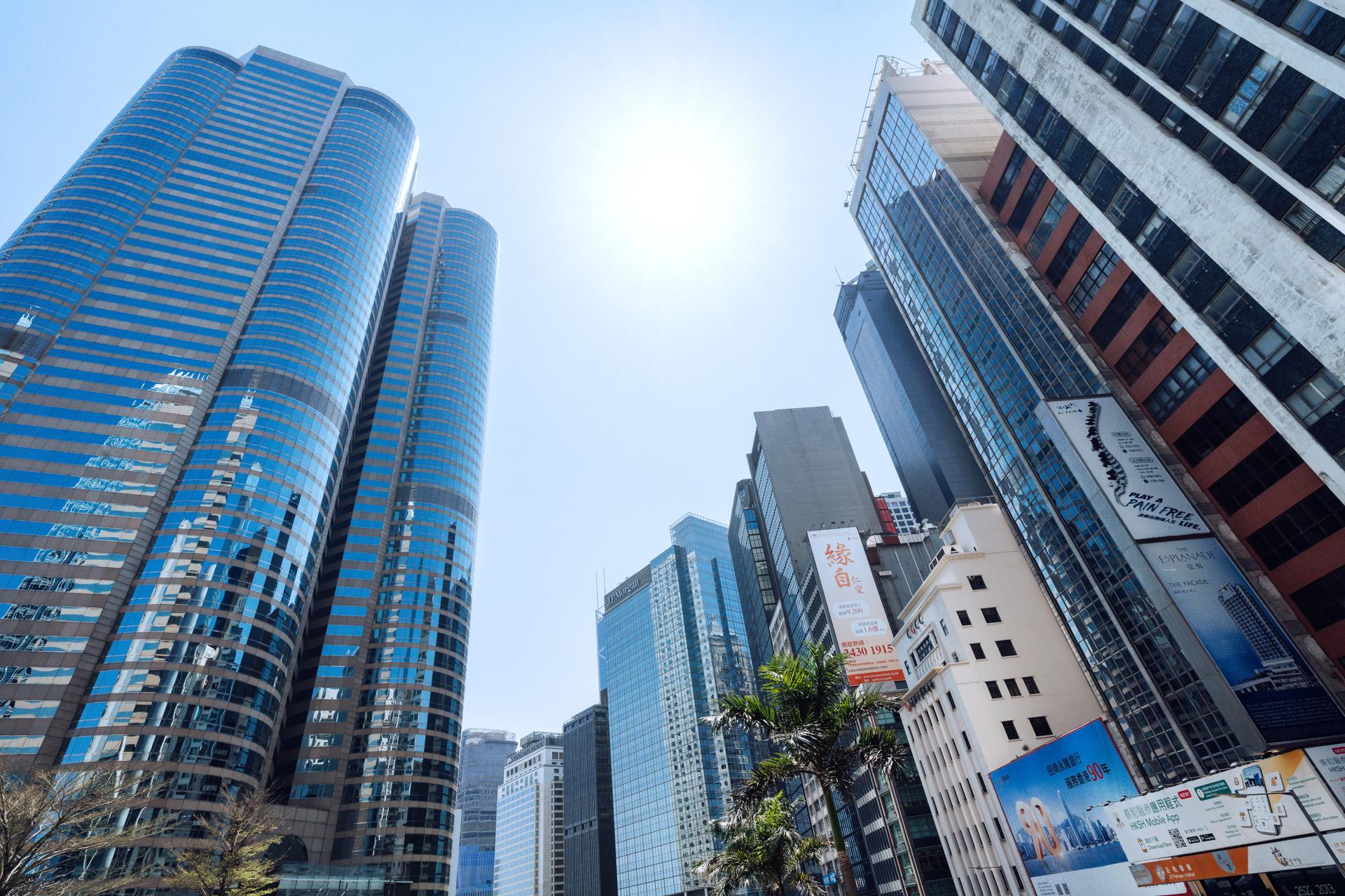 Modern Skyscrapers in Downtown Hong Kong on a Sunny Day